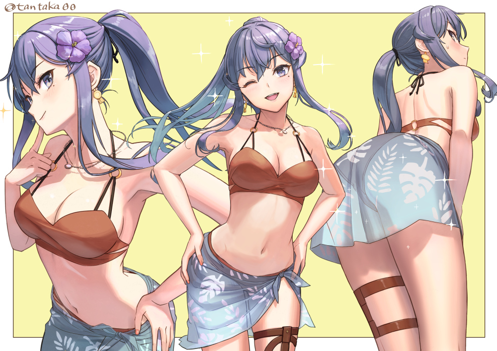 1girl, bare_arms, bare_shoulders, bikini, blue_eyes, blue_hair, blue_sarong, blush, breasts, brown_bikini, butt_crack, cleavage, collarbone, duplicate, flower, gotland_(kancolle), gotland_andra_(2021_swimsuit)_(kancolle), gotland_andra_(kancolle), hair_between_eyes, hair_flower, hair_ornament, jewelry, kantai_collection, long_hair, medium_breasts, mole, mole_under_eye, multiple_views, navel, necklace, one_eye_closed, open_mouth, purple_flower, sarong, smile, sparkle, swimsuit, tantaka, twitter_username