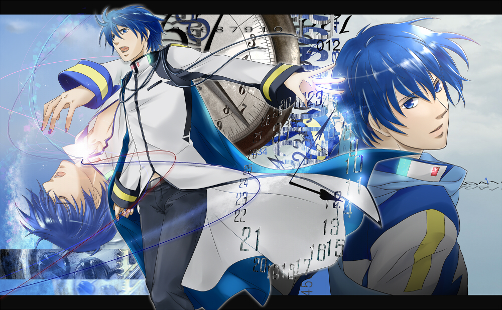1boy, ak_(cosmio), bad_id, bad_pixiv_id, belt, blue_eyes, blue_hair, blue_scarf, cape, clock, kaito_(vocaloid), male_focus, matching_hair/eyes, scarf, smile, solo, vocaloid