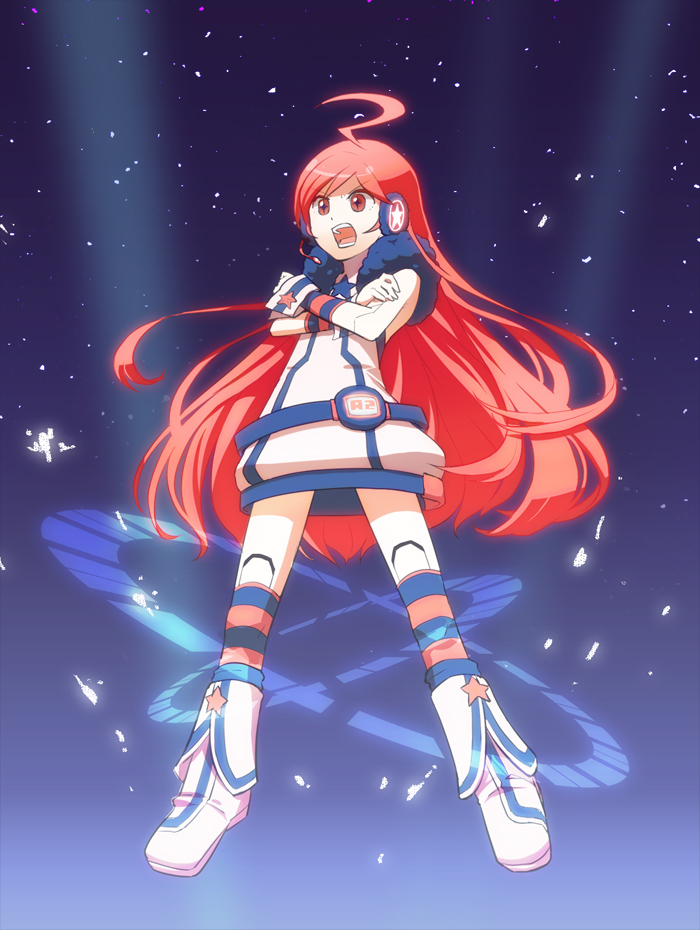 +_+, 1girl, ahoge, bad_id, bad_pixiv_id, belt, boots, cross-shaped_pupils