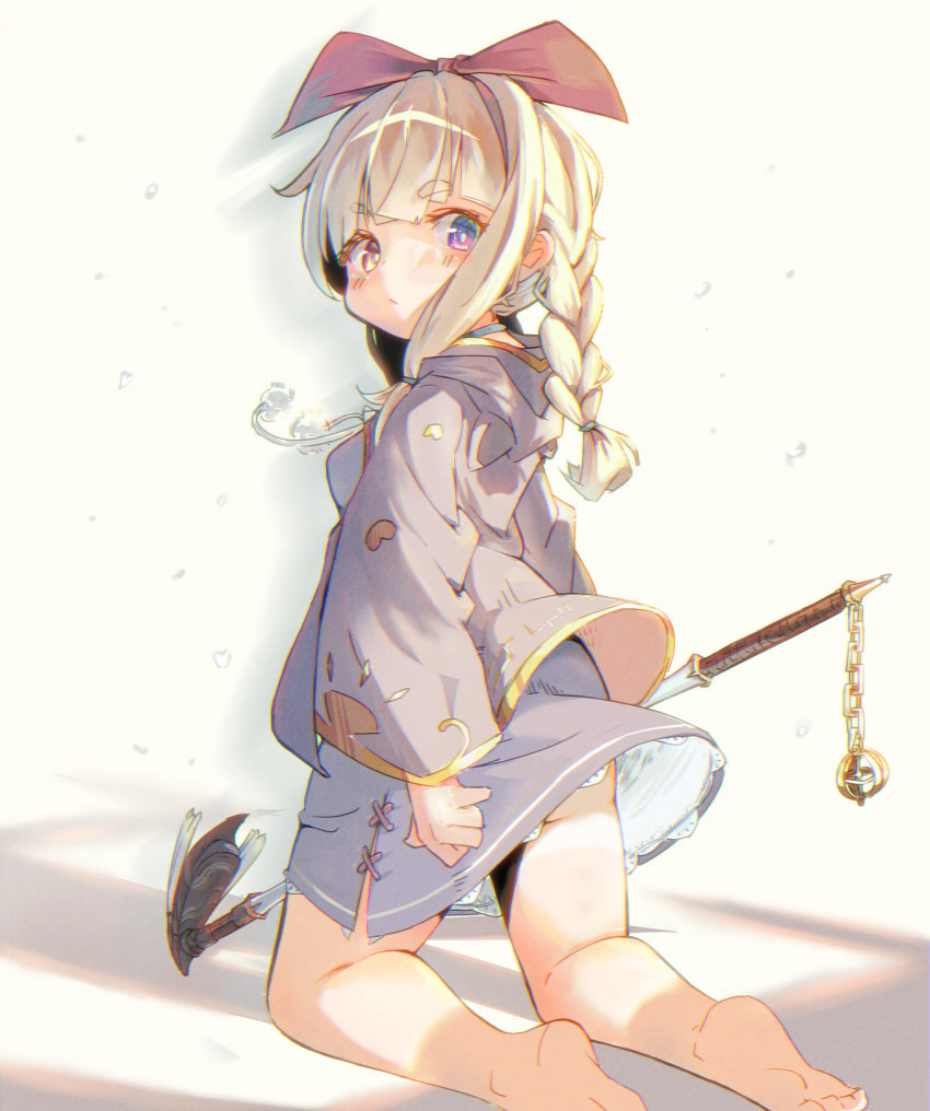 1girl, absurdres, barefoot, blonde_hair, blush, bow, braid, brown_eyes