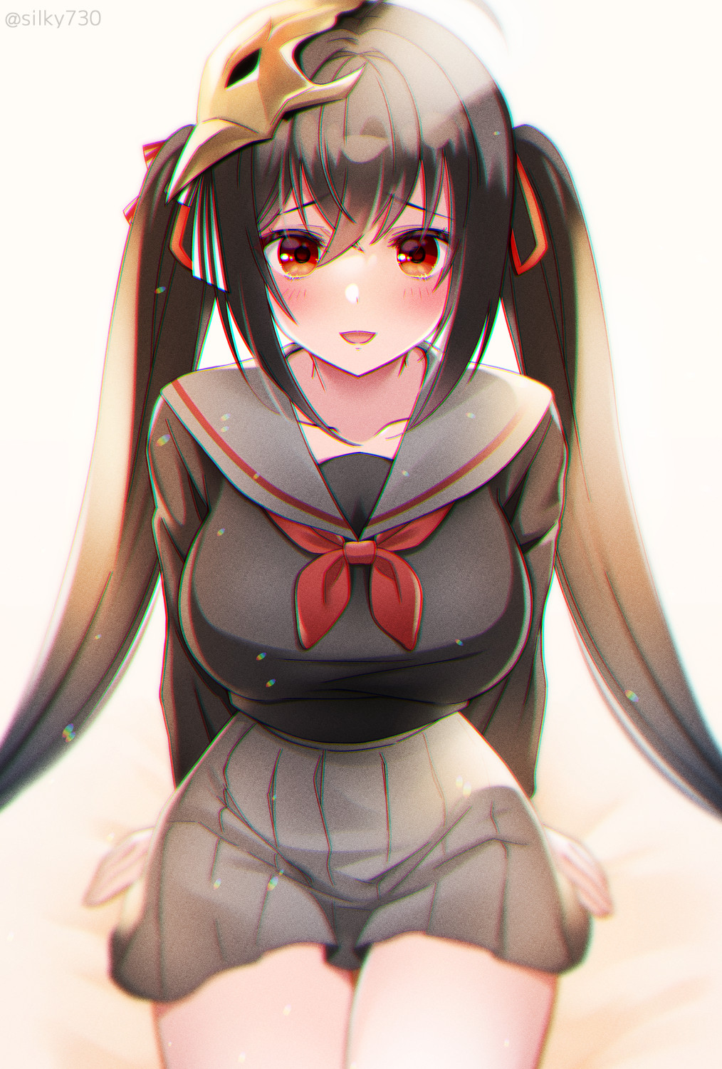1girl, azur_lane, black_hair, black_serafuku, breasts, crossed_bangs, highres, large_breasts, long_hair, looking_at_viewer, neckerchief, open_mouth, pleated_skirt, red_eyes, sailor_collar, school_uniform, serafuku, silky_(silky_alice), skirt, smile, solo, taihou_(azur_lane), twintails