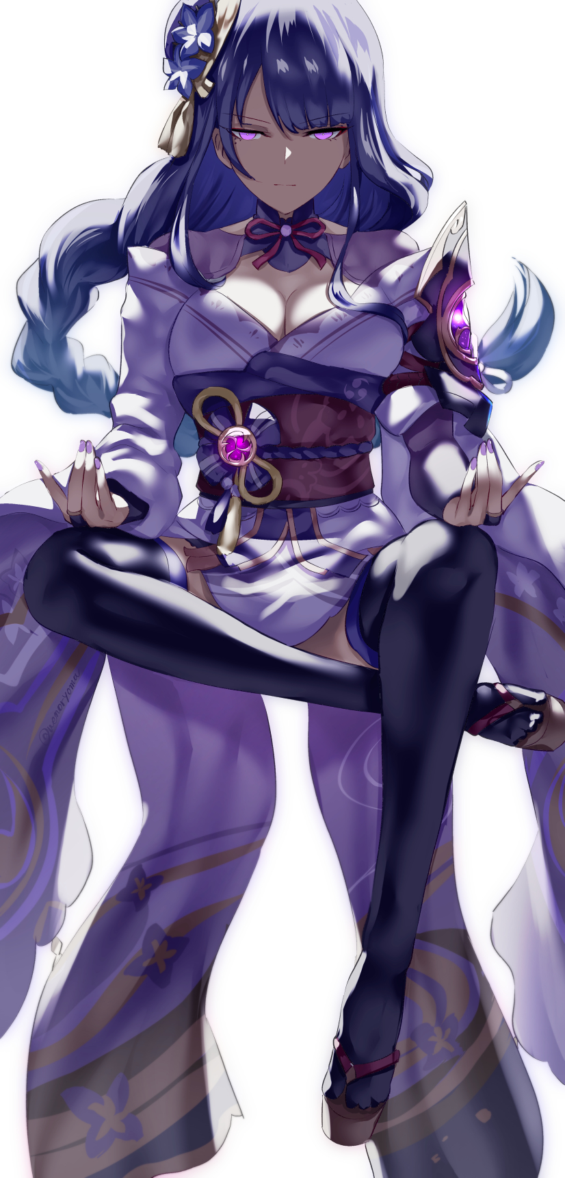 1girl, bad_id, bad_twitter_id, braid, breasts, bridal_gauntlets, cleavage, flower