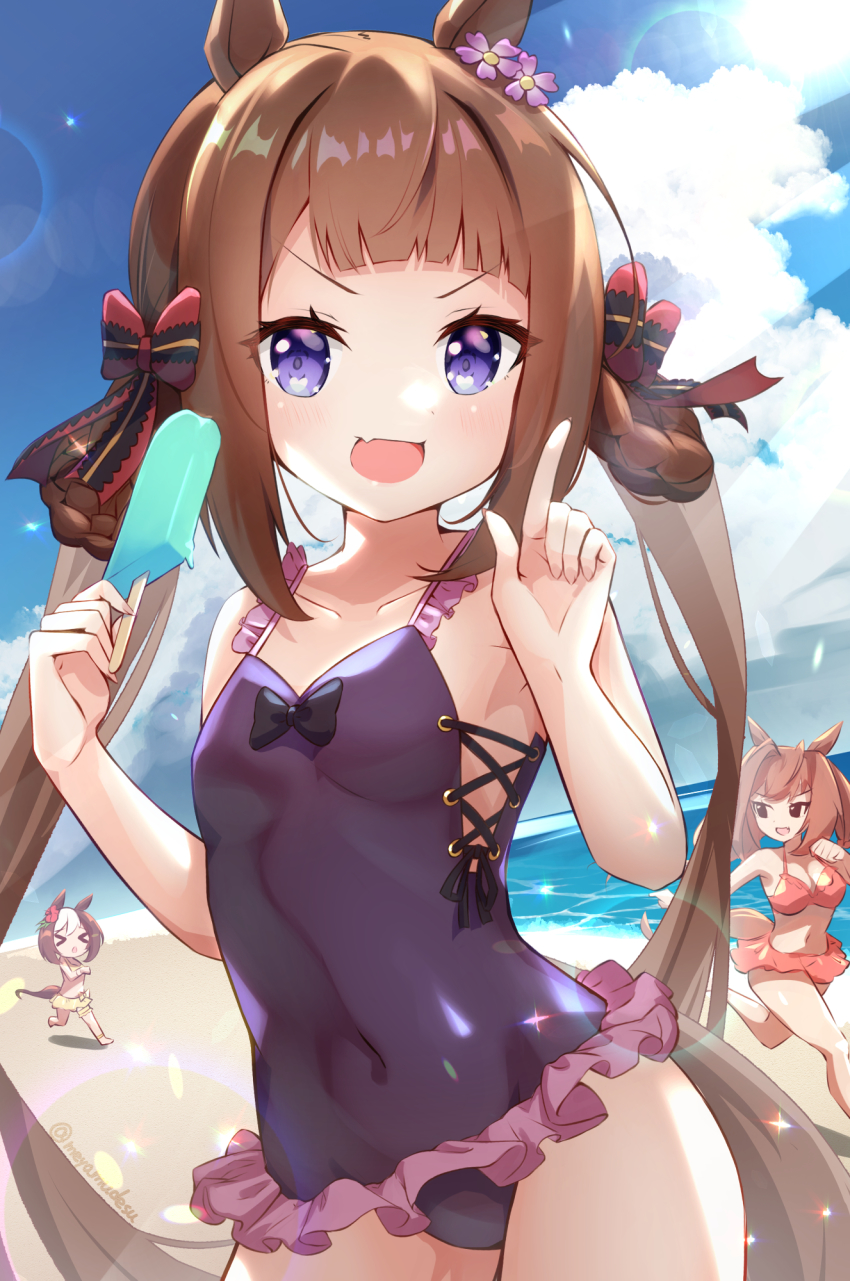 >_<, 3girls, animal_ears, bad_id, bad_pixiv_id, beach, brown_hair, collarbone