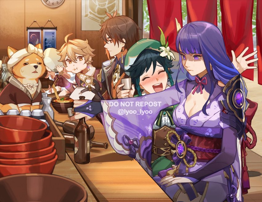 2girls, 3boys, aether_(genshin_impact), androgynous, armor, beret, black_gloves, black_hair