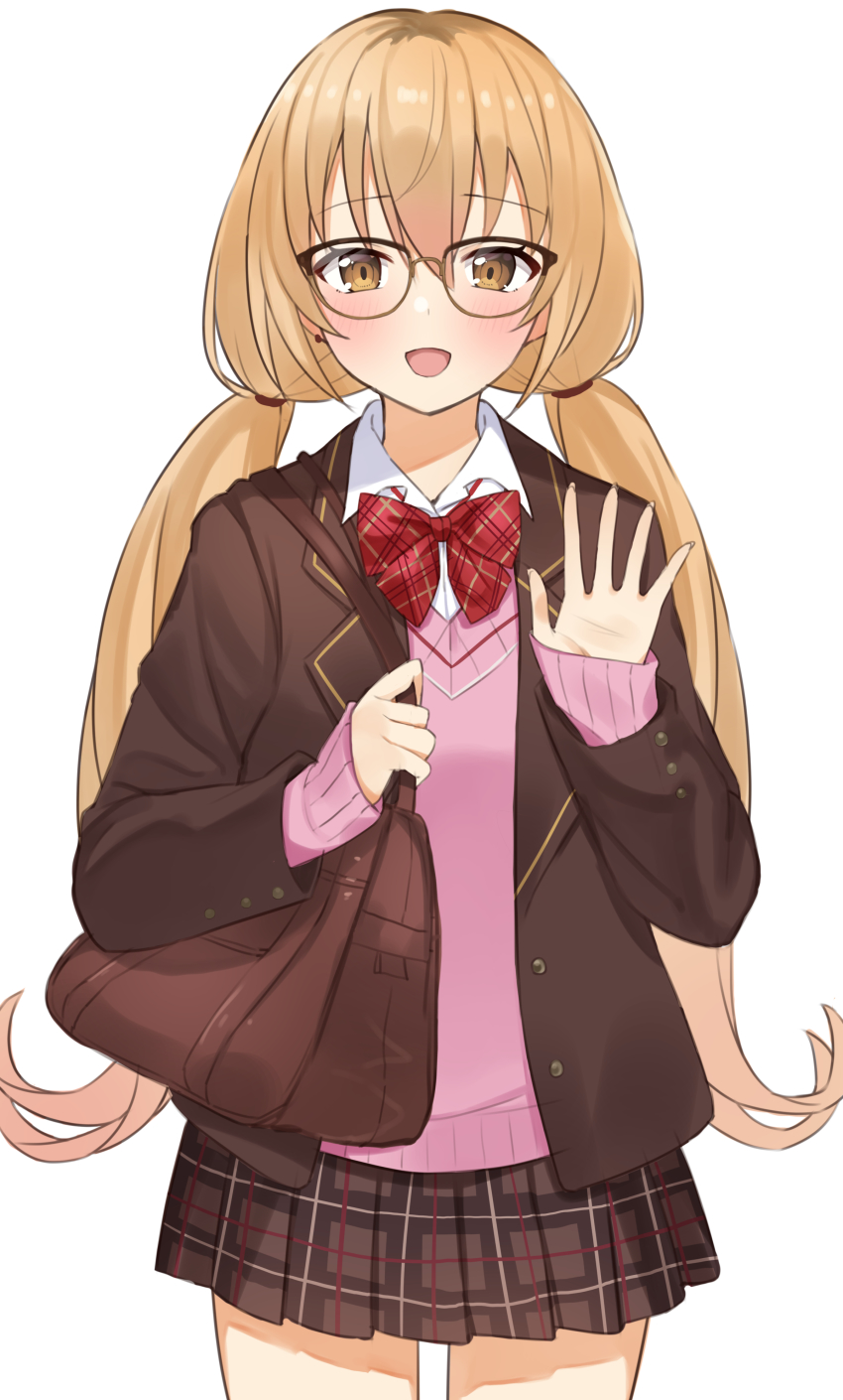 1girl, absurdres, blush, brown_eyes, brown_hair, choco_tanuki, glasses, highres, ienaga_mugi, ienaga_mugi_(7th_costume), long_hair, long_sleeves, looking_at_viewer, low_twintails, nijisanji, open_mouth, plaid_clothes, plaid_skirt, pleated_skirt, skirt, smile, solo, twintails, virtual_youtuber