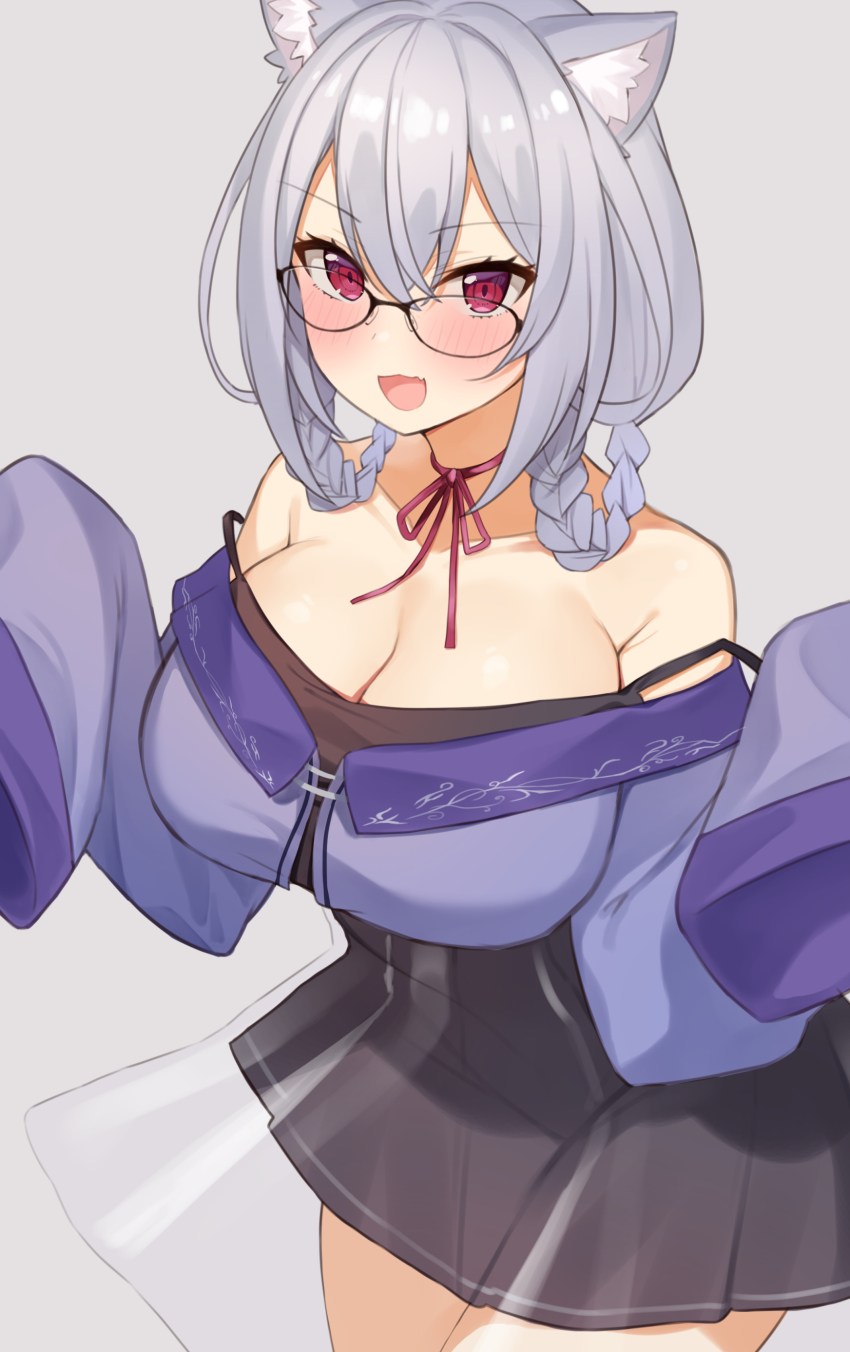 1girl, absurdres, animal_ears, bare_shoulders, black-framed_eyewear, black_skirt, blush, breasts, cat_ears, choco_tanuki, cleavage, collarbone, glasses, grey_hair, hakase_fuyuki, hakase_fuyuki_(4th_costume), highres, large_breasts, long_sleeves, looking_at_viewer, nijisanji, off_shoulder, open_mouth, pink_eyes, short_hair, skirt, sleeves_past_wrists, smile, solo, virtual_youtuber