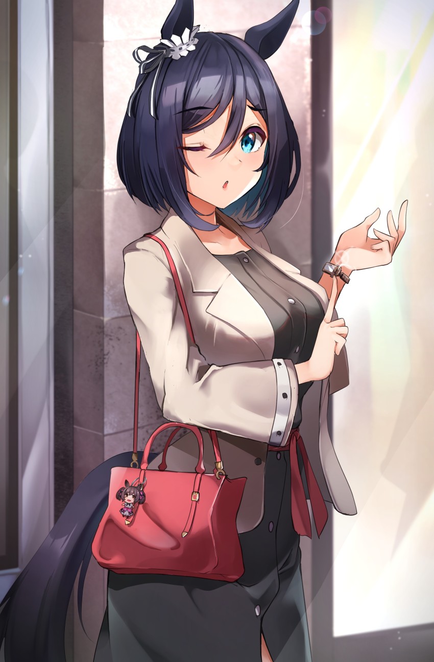 1girl, absurdres, animal_ears, bag, black_dress, black_hair, blue_eyes, breasts, buttons, dress, eishin_flash_(casual)_(umamusume), eishin_flash_(umamusume), highres, horse_ears, horse_girl, horse_tail, jacket, large_breasts, long_sleeves, one_eye_closed, open_clothes, open_jacket, parted_lips, sezok, short_hair, shoulder_bag, smart_falcon_(love_4ever)_(umamusume), smart_falcon_(umamusume), solo, tail, umamusume, watch, wristwatch