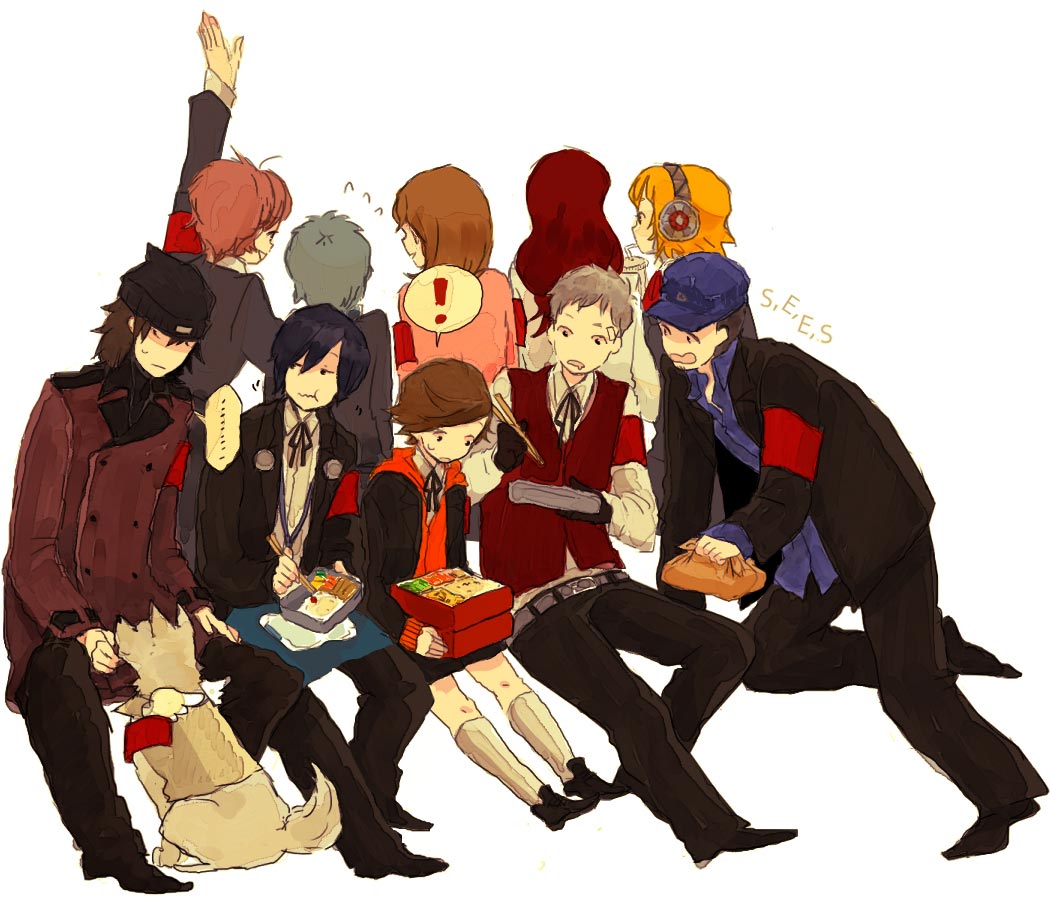 !, 5boys, 5girls, aigis_(persona), amada_ken, android, animal, aragaki_shinjirou, armband, atlus, back, beanie, bento, blouse, blue_headwear, blue_shirt, coat, collared_shirt, dog, eating, everyone, food, hat, iori_junpei, johnson, kirijou_mitsuru, kneehighs, koromaru_(persona), lunchbox, multiple_boys, multiple_girls, persona, persona_3, persona_3_portable, s.e.e.s, sanada_akihiko, school_uniform, shiomi_kotone, shirt, simple_background, socks, takeba_yukari, trench_coat, white_background, white_shirt, yamagishi_fuuka, yuuki_makoto_(persona_3)