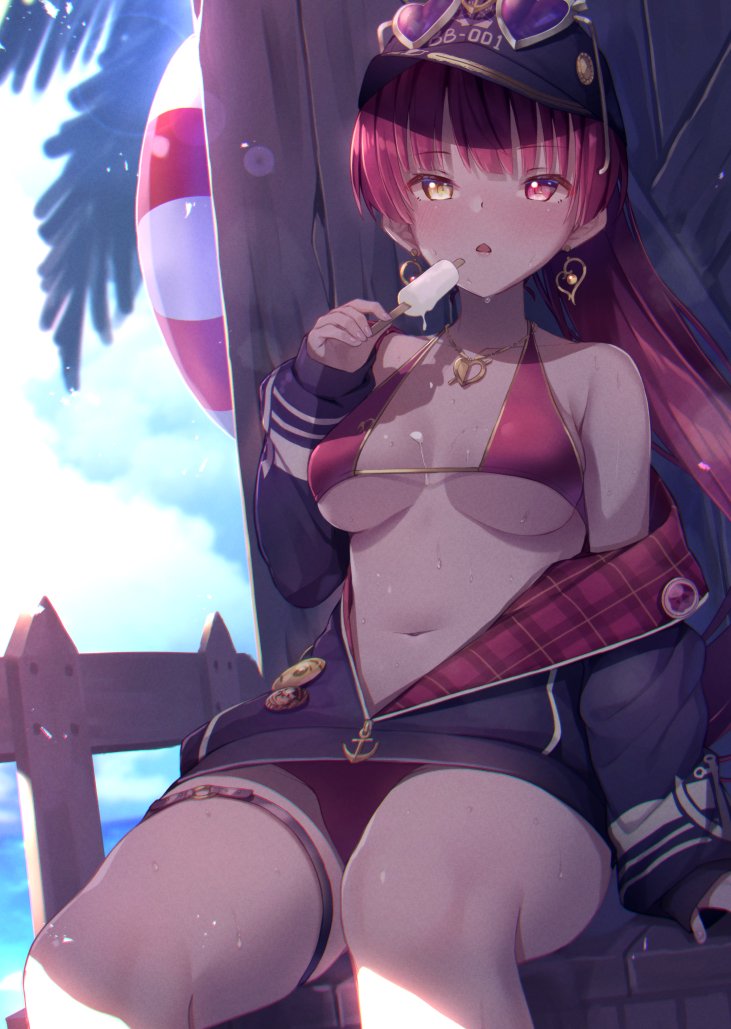 1girl, amanuki-san, baseball_cap, bikini, black_hat, black_jacket, blush, breasts