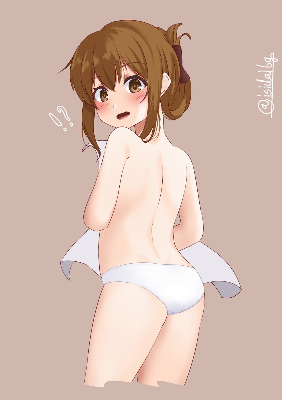 !?, 1girl, ass, brown_background, brown_eyes, brown_hair, commentary_request, cowboy_shot, cropped_legs, folded_ponytail, from_behind, highres, inazuma_(kancolle), ishida_arata, kantai_collection, long_hair, looking_at_viewer, looking_back, panties, pink_background, simple_background, solo, standing, surprised, topless_female, towel, twitter_username, underwear, white_panties
