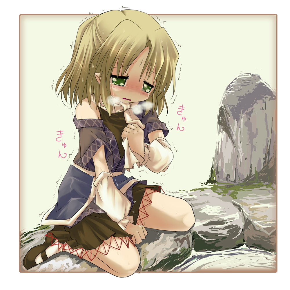 1girl, aged_down, arm_warmers, bare_shoulders, blonde_hair, blush, female_focus, green_eyes