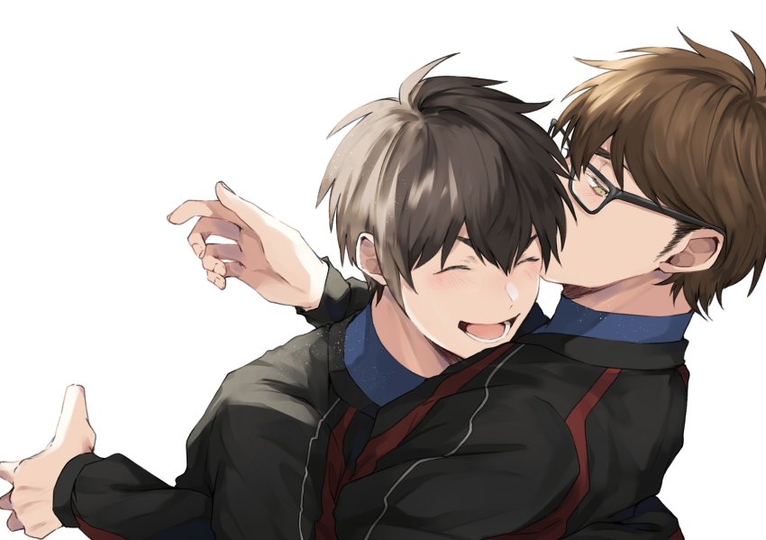 2boys, ace_of_diamond, aiaipoponta0605, black_jacket, blue_shirt, blush, brown_hair, closed_eyes
