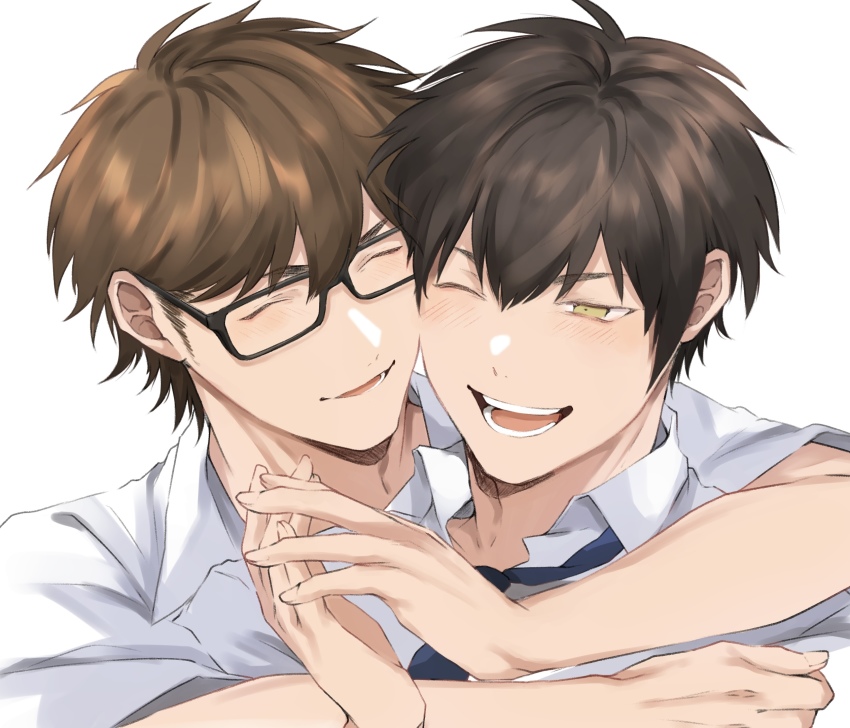 >_o, 2boys, ace_of_diamond, aiaipoponta0605, blush, brown_hair, cheek-to-cheek, closed_eyes, glasses, heads_together, highres, hug, hug_from_behind, male_focus, miyuki_kazuya, multiple_boys, necktie, one_eye_closed, open_mouth, sawamura_eijun, shirt, short_hair, sideburns, simple_background, smile, teeth, upper_body, white_shirt, yaoi