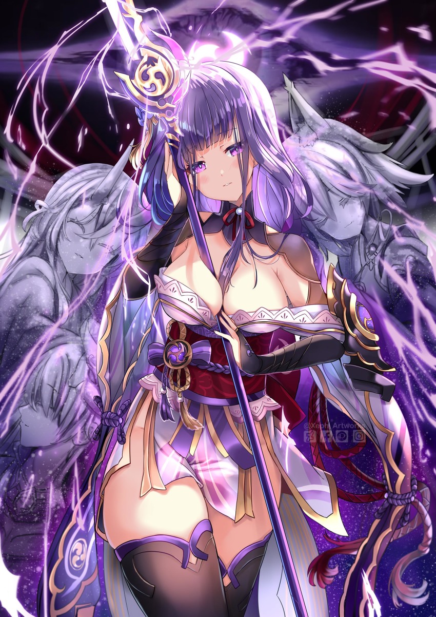 3girls, absurdres, armor, blush, braid, breasts, bridal_gauntlets, chiyo_(genshin_impact), cleavage, commentary_request, electricity, floral_print, flower, genshin_impact, hair_ornament, highres, holding, holding_polearm, holding_spear, holding_weapon, japanese_clothes, kimono, kitsune_saiguu, large_breasts, long_hair, long_sleeves, mitsudomoe_(shape), multiple_girls, naginata, obi, obiage, obijime, open_mouth, petrification, polearm, purple_eyes, purple_flower, purple_hair, raiden_shogun, ribbon, sash, shoulder_armor, spear, tassel, thighhighs, tomoe_(symbol), weapon, wide_sleeves, xephonia