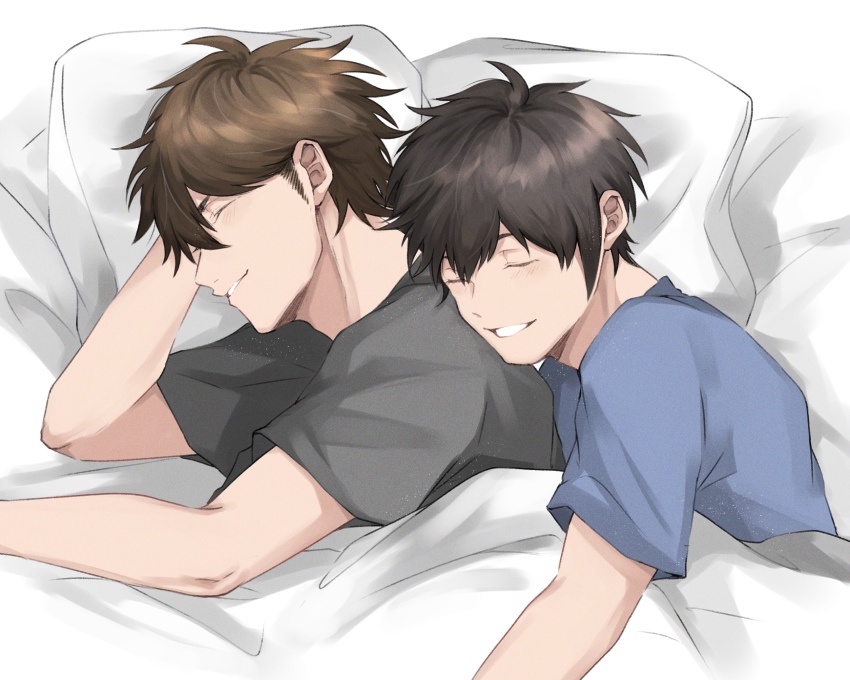 2boys, ace_of_diamond, aiaipoponta0605, bed, black_shirt, blue_shirt, brown_hair, couple, closed_eyes, highres, male_focus, miyuki_kazuya, multiple_boys, on_bed, pillow, sawamura_eijun, shirt, short_hair, sideburns, sleeping, sleeping_on_person, smile, teeth, under_covers, upper_body, yaoi