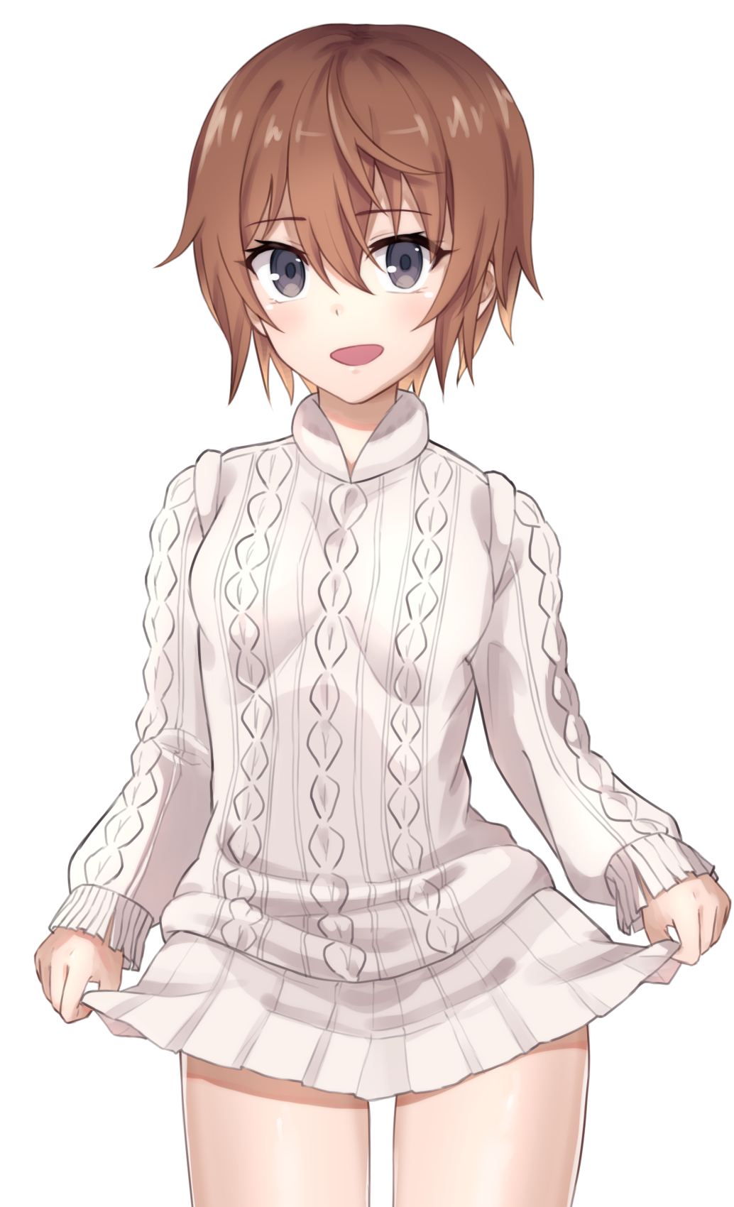1girl, :d, aran_sweater, brown_eyes, brown_hair, cable_knit, clothes_lift, commentary