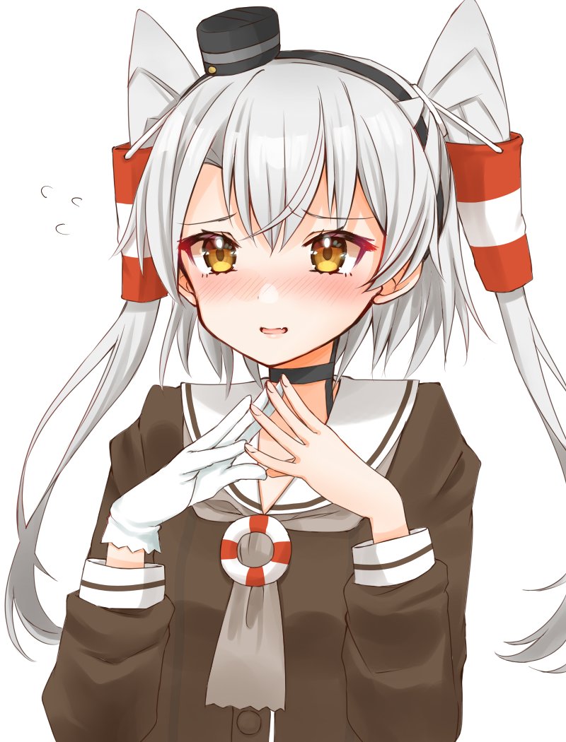 1girl, amatsukaze_(kancolle), ascot, brown_dress, brown_neckwear, cocoperino, commentary_request, dress, fingers_together, gloves, grey_ascot, hair_tubes, kantai_collection, lifebuoy_ornament, long_hair, neck_ribbon, ribbon, sailor_collar, sailor_dress, silver_hair, simple_background, single_glove, solo, twintails, upper_body, white_background, white_gloves, white_sailor_collar