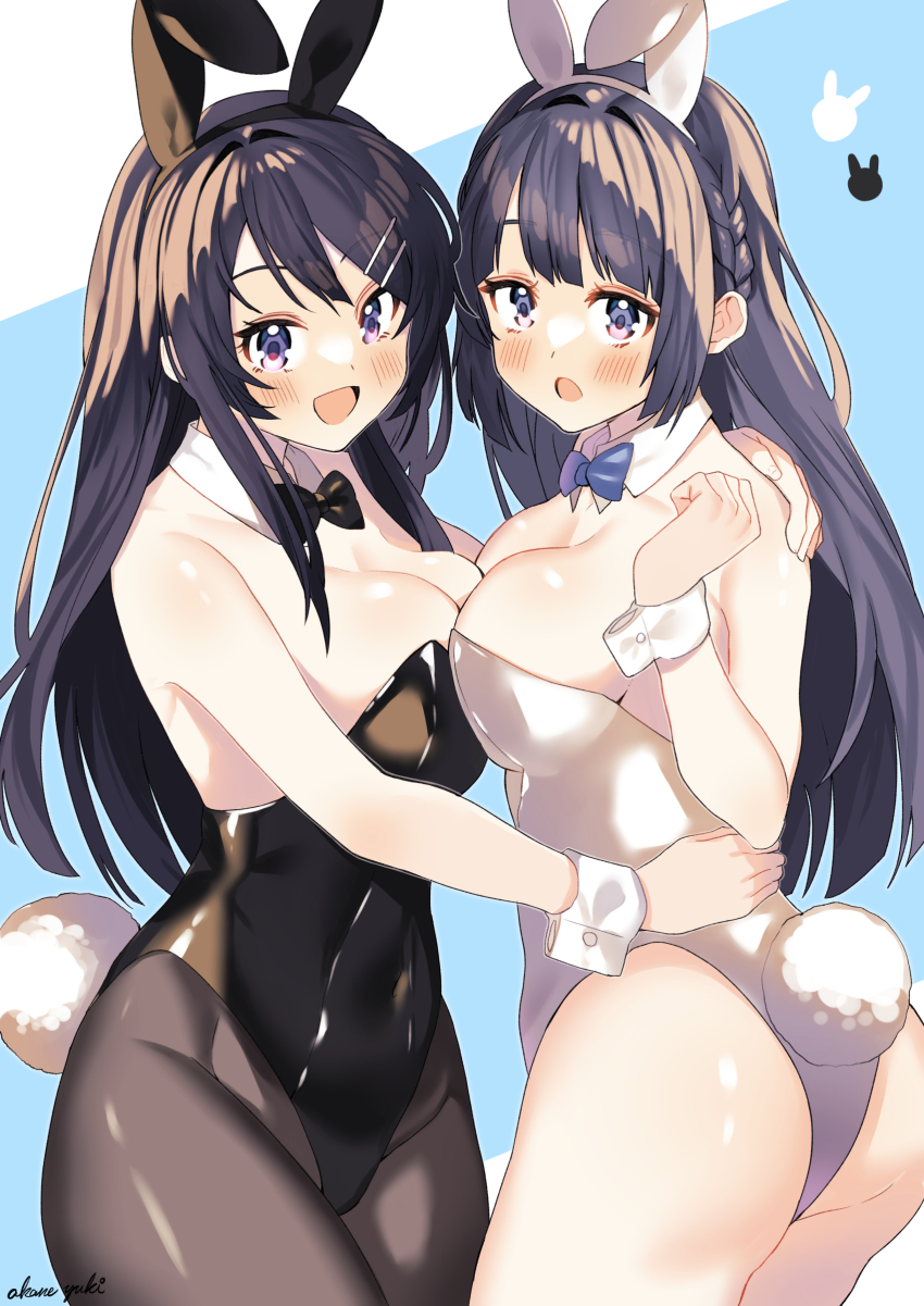 2girls, absurdres, akane_yuki_(yukito0306), animal_ears, bare_legs, black_bow, black_bowtie, black_hair, black_legwear, black_leotard, blue_neckwear, bow, bowtie, breast_press, breasts, cleavage, commentary_request, commission, cowboy_shot, detached_collar, fake_animal_ears, highres, leotard, long_hair, makinohara_shouko, medium_breasts, multiple_girls, pantyhose, pixiv_commission, playboy_bunny, purple_eyes, rabbit_ears, rabbit_tail, sakurajima_mai, seishun_buta_yarou, strapless, strapless_leotard, symmetrical_docking, tail, white_leotard, wrist_cuffs