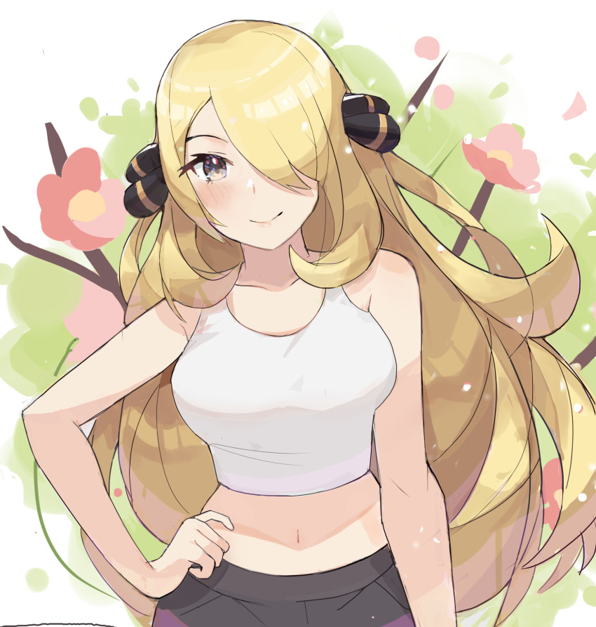 1girl, bare_arms, bare_shoulders, black_pants, blonde_hair, breasts, closed_mouth, commentary, cynthia_(pokemon), english_commentary, grey_eyes, hair_ornament, hair_over_one_eye, hand_on_own_hip, highres, long_hair, looking_at_viewer, medium_breasts, midriff, navel, nintendo, pants, pokemon, pokemon_diamond/pearl/platinum, smile, solo, spyg, tank_top, upper_body, very_long_hair