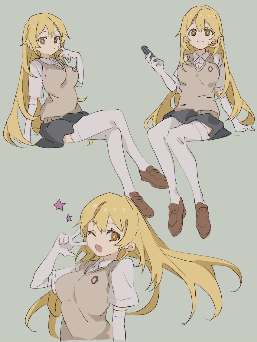 +_+, 1girl, :3, absurdres, bag, blonde_hair, collared_shirt, controller
