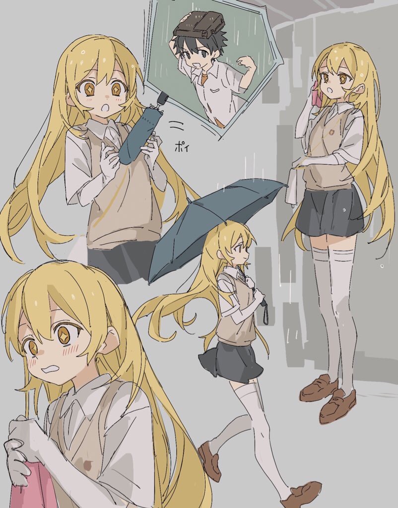 +_+, 1boy, 1girl, bag, black_hair, blonde_hair, blush, cellphone