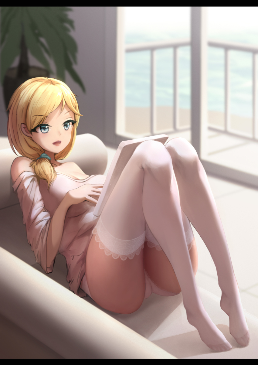 1girl, absurdres, bed, blonde_hair, blue_eyes, breasts, hair_ornament, hairclip