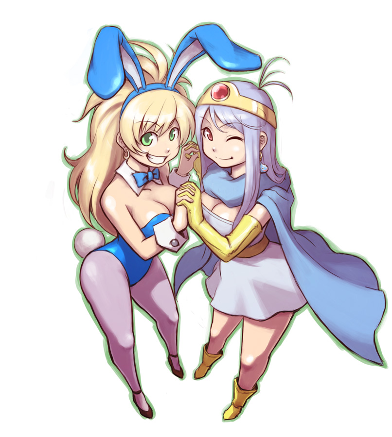 2girls, animal_ears, antenna_hair, bare_shoulders, big_hair, blonde_hair, blue_hair, boots, bow, bowtie, breasts, cape, chunsoft, circlet, cleavage, detached_collar, dragon_quest, dragon_quest_iii, dress, earrings, elbow_gloves, enix, fake_animal_ears, foreshortening, gadabout_(dq3), gem, gloves, green_eyes, grey_legwear, grin, hairband, high_heels, holding_hands, hoop_earrings, jewelry, large_breasts, light_smile, long_hair, looking_at_viewer, multiple_girls, nom, one_eye_closed, outline, pantyhose, perspective, playboy_bunny, profile, rabbit_ears, rabbit_tail, red_eyes, sage_(dq3), shoes, short_dress, sidelocks, silver_hair, simple_background, slime_(dragon_quest), smile, standing, symmetry, tail, white_background, wink, wrist_cuffs