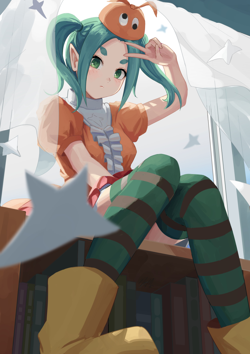 1girl, absurdres, aqua_hair, arm_up, blurry, blurry_foreground, blush, bookshelf
