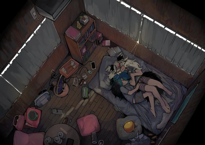 2girls, absurdres, bare_arms, bare_legs, barefoot, beer_can, bird_tail, bird_wings