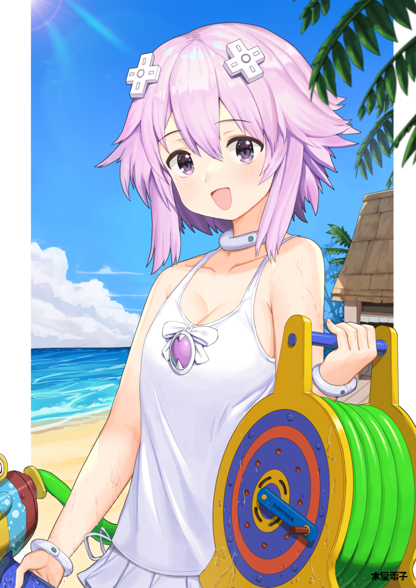 1girl, blush, choker, d-pad, d-pad_hair_ornament, hair_ornament, highres, hose, jupiterbark, looking_at_viewer, neptune_(neptunia), neptune_(series), open_mouth, outdoors, purple_eyes, purple_hair, shirt, short_hair, solo, wet, white_shirt