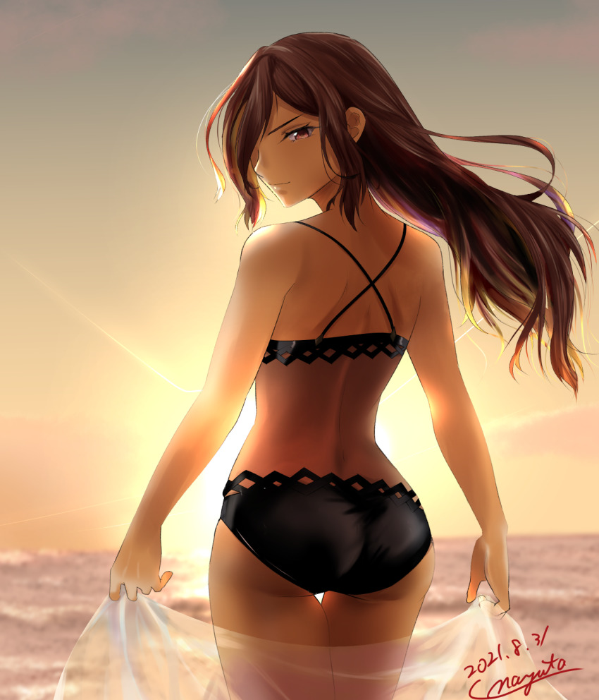 1girl, ass, black_hair, brown_eyes, dated, from_behind, hair_down, hair_over_one_eye