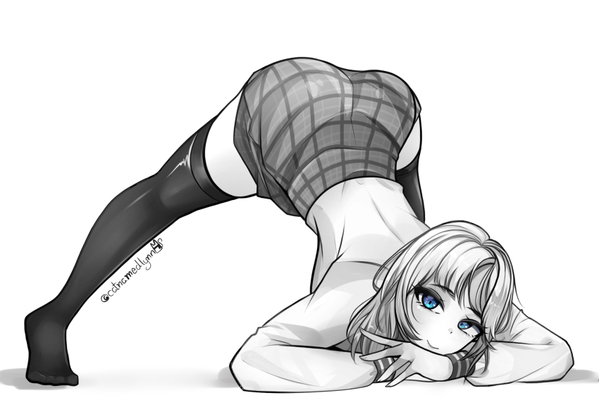 1girl, ass, blue_eyes, greyscale, highres, hololive, hololive_english, jack-o'_challenge, legs, long_sleeves, looking_at_viewer, lynn, monochrome, short_hair, skirt, smile, solo, thighhighs, thighs, top-down_bottom-up, virtual_youtuber, watson_amelia, white_background