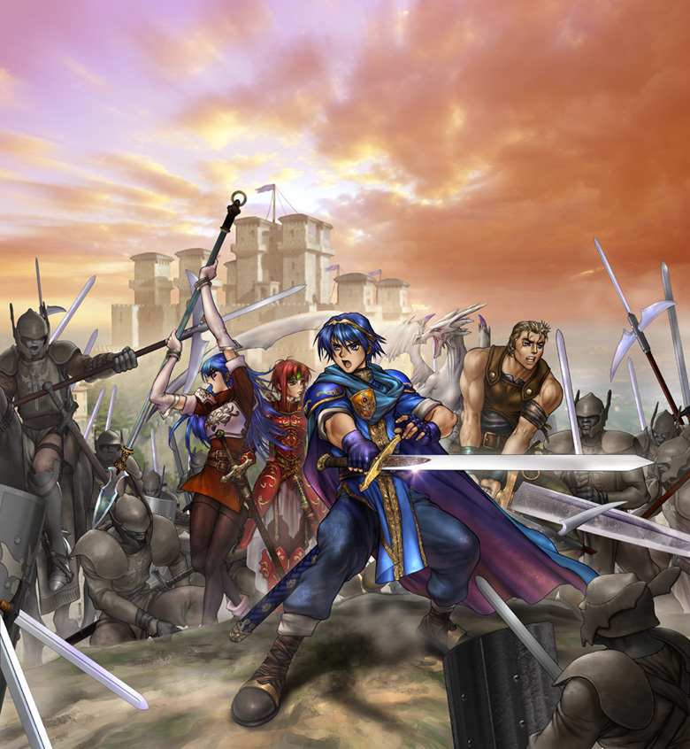 2girls, 3boys, battle, battlefield, blue_hair, caeda_(fire_emblem), castle, dragon