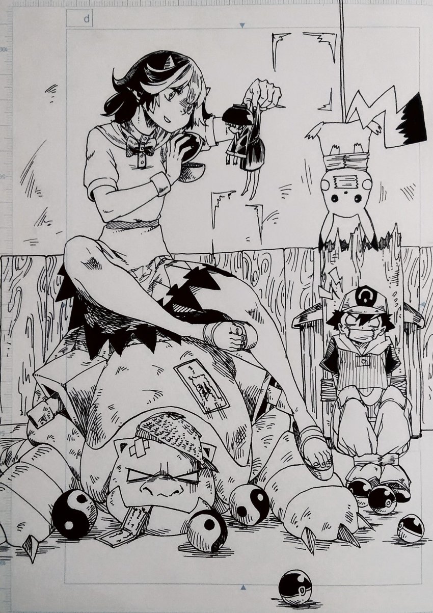 1boy, 2girls, ash_ketchum, blastoise, bound, commentary_request, cone_horns, crossover