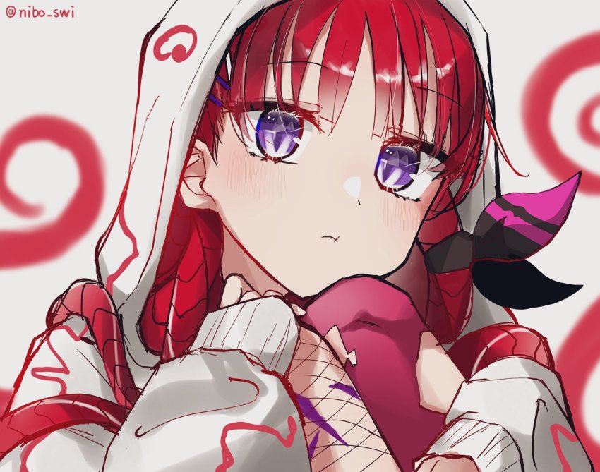 1girl, :t, azathoth_(monster_strike), fishnet_legwear, fishnets, hands_up, hood, hoodie, hugging_own_legs, leg_tattoo, monster_strike, nibo_shia, pout, purple_eyes, red_hair, solo, tattoo, tentacle_hair, tentacles, white_hoodie