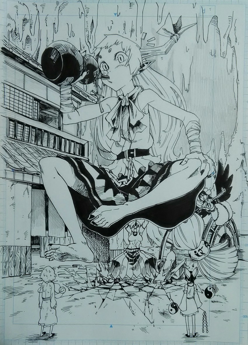 absurdres, bandaged_arm, bandages, barefoot, black_wings, bow, breasts, building