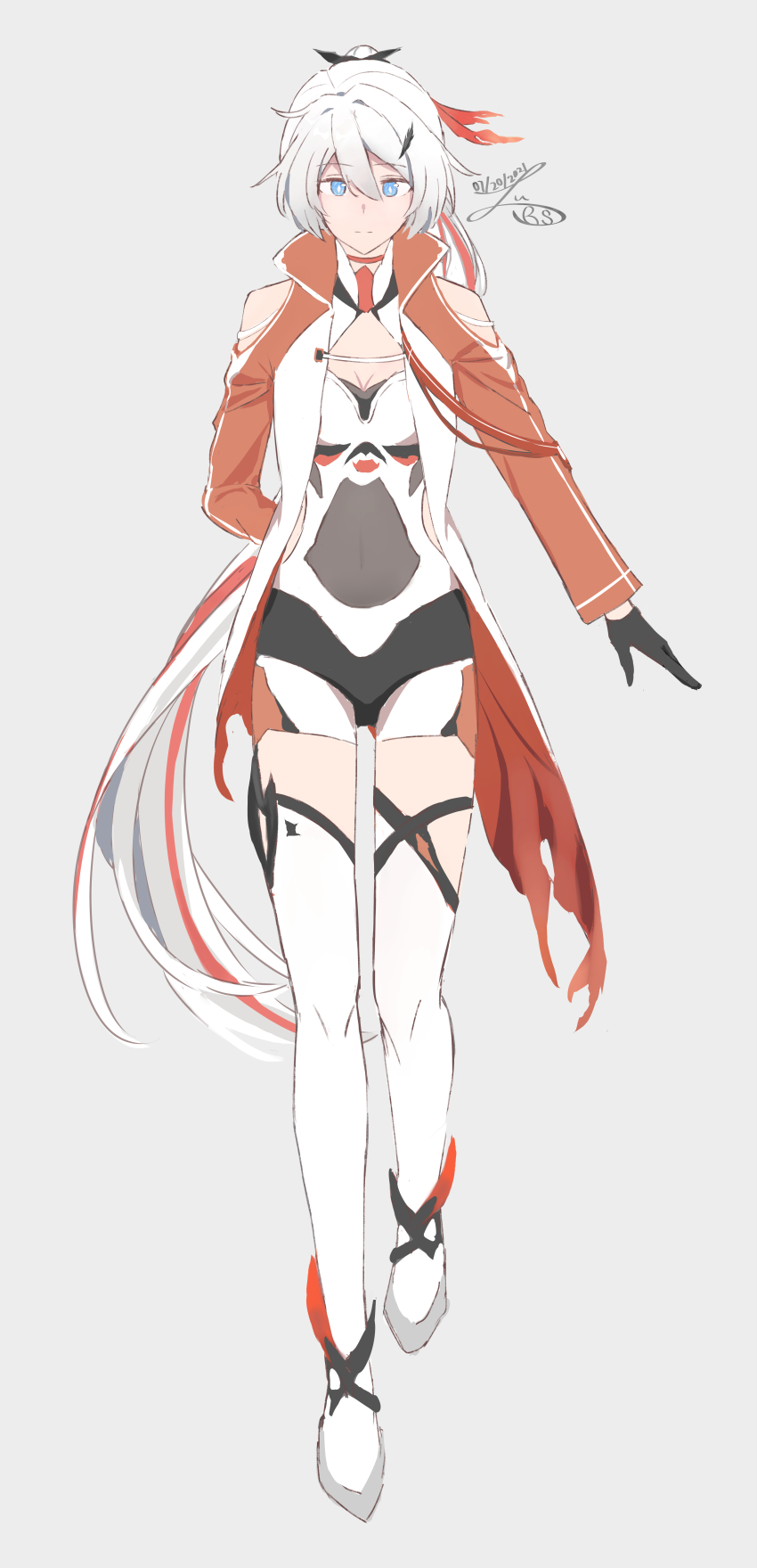 1girl, absurdres, arm_behind_back, bare_shoulders, black_gloves, blue_eyes, boots, breasts