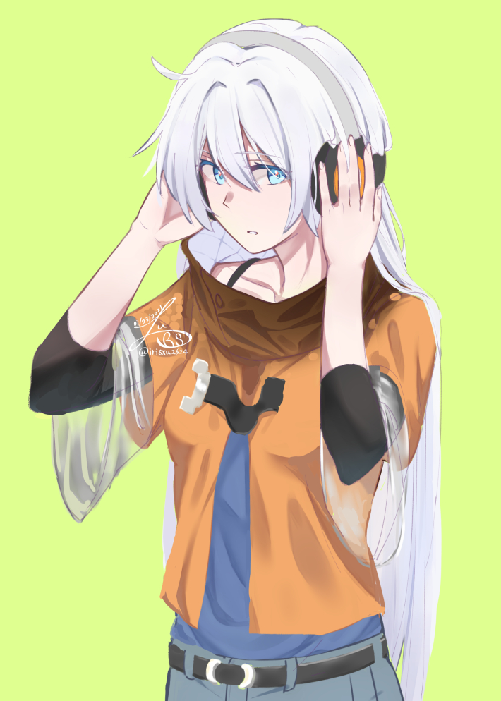 1girl, antenna_hair, belt_buckle, blue_eyes, blue_pants, blue_shirt, buckle, casual