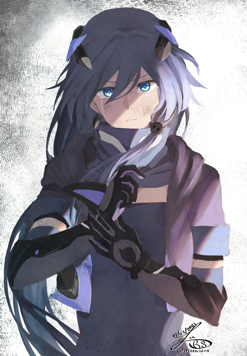 1girl, absurdres, black_hair, blue_eyes, closed_mouth, dirty, dirty_face, fu_hua