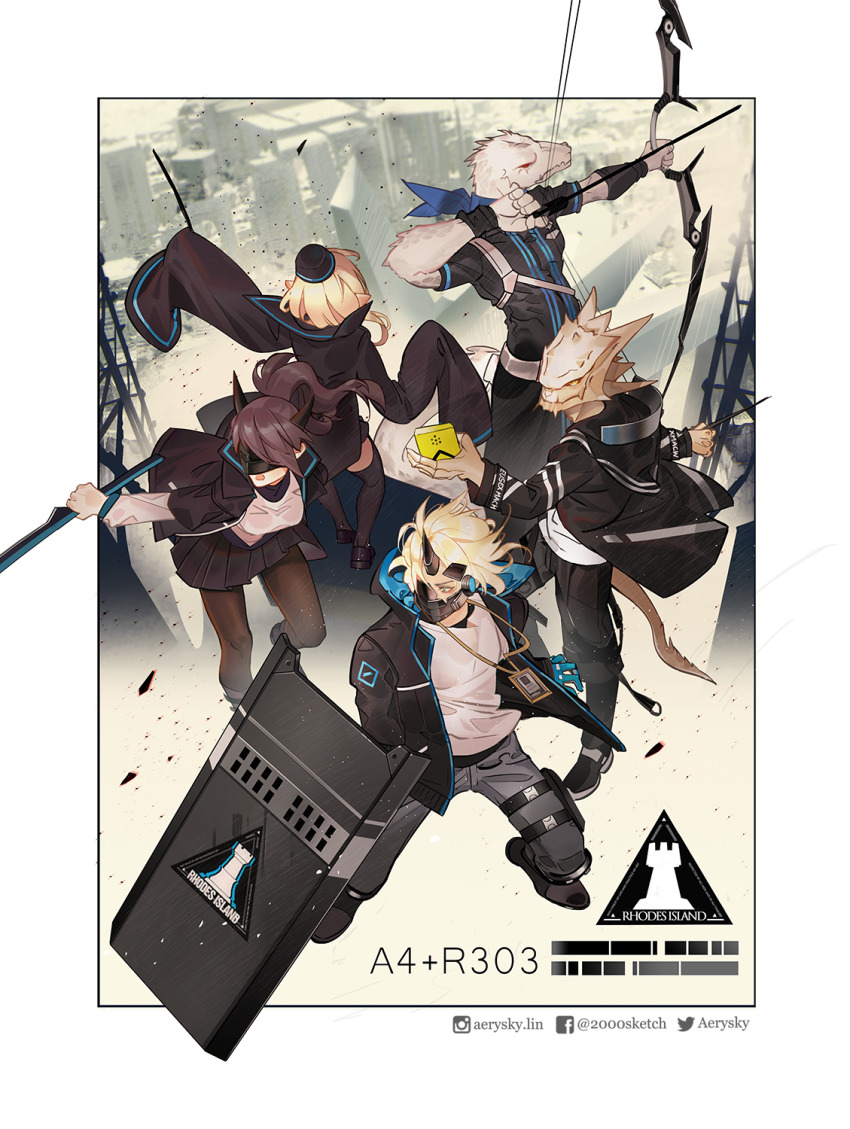 12f_(arknights), 2girls, 3boys, :o, aerysky, arknights, arrow_(projectile), back
