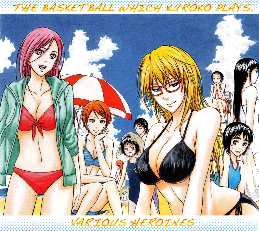 6+girls, absurdres, aida_riko, alexandra_garcia, araki_masako, beach, bikini, black_hair, blonde_hair, breasts, brown_hair, cleavage, fujimaki_tadatoshi, glasses, highres, koganei_akane, kuroko_no_basuke, large_breasts, long_hair, looking_at_viewer, momoi_satsuki, multiple_girls, navel, official_art, pink_hair, short_hair, smile, summer, swimsuit