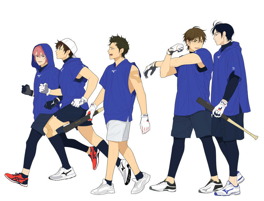5boys, ace_of_diamond, backwards_hat, baseball_bat, baseball_cap, black_gloves, black_hair, blue_eyes