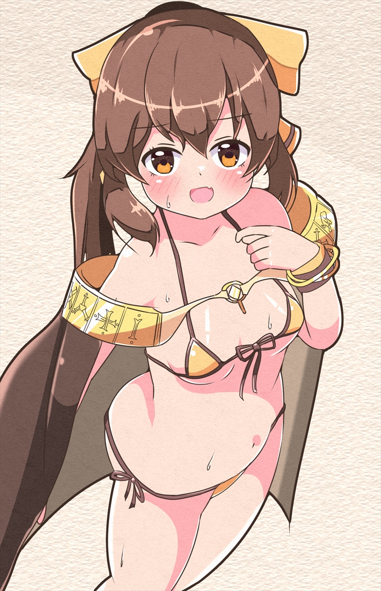 1girl, asage_(asgsn), bangle, bikini, bow, bracelet, breasts, brown_eyes, brown_hair, cape, delthea_(fire_emblem), eyebrows, eyelashes, fang, female_focus, fire_emblem, fire_emblem_echoes:_shadows_of_valentia, front-tie_bikini_top, front-tie_top, hair_between_eyes, hair_bow, highres, jewelry, matching_hair/eyes, navel, nintendo, open_mouth, ponytail, shiny_skin, side-tie_bikini_bottom, sidelocks, skin_fang, small_breasts, solo, standing, stomach, sweat, swimsuit, thighs, yellow_bikini