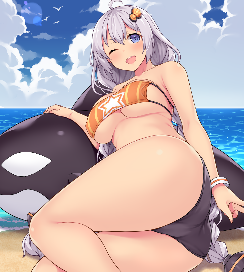 1girl, ;d, ahoge, amane_hasuhito, ass, bikini, bird, blue_eyes