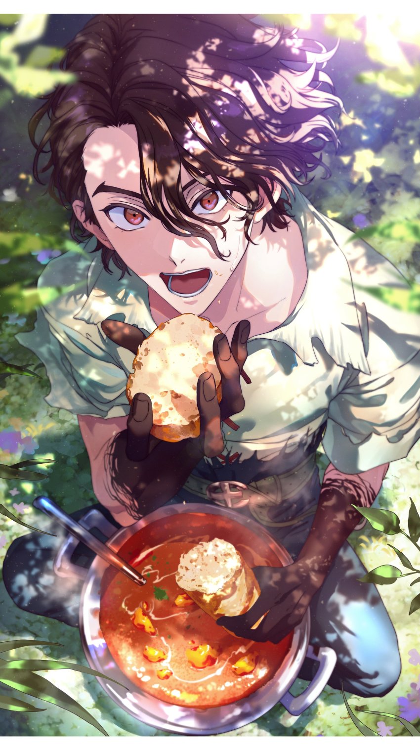 1boy, absurdres, asymmetrical_bangs, black_hair, black_pants, bread, brown_eyes, day, dr._stone, food, full_body, hair_between_eyes, highres, holding, holding_food, indian_style, koujisako, letterboxed, looking_at_viewer, male_focus, nanami_sai, open_mouth, outdoors, pants, pot, shirt, short_sleeves, sitting, solo, stew, white_shirt