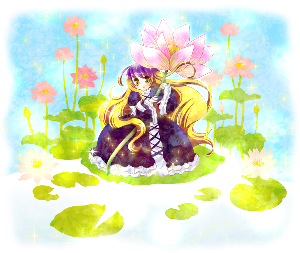 black_dress, blonde_hair, dress, flower, flower_girl, holding, holding_flower, lily_pad