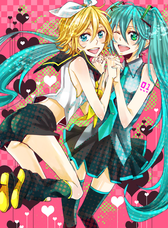 2girls, aqua_eyes, aqua_hair, bad_id, bad_pixiv_id, blonde_hair, blush, hair_ribbon