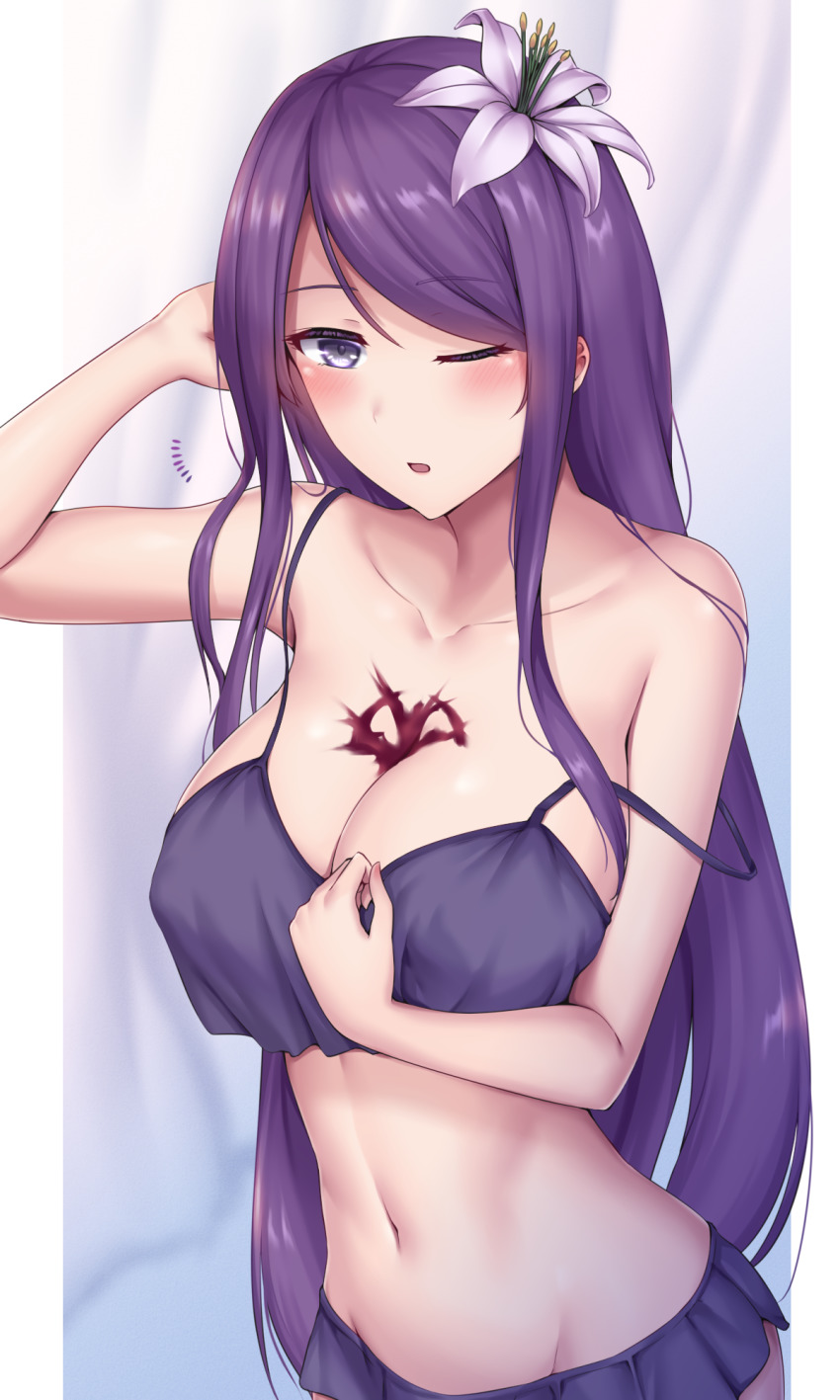 1girl, arm_up, bare_shoulders, blush, breasts, camisole, chest_tattoo, cleavage