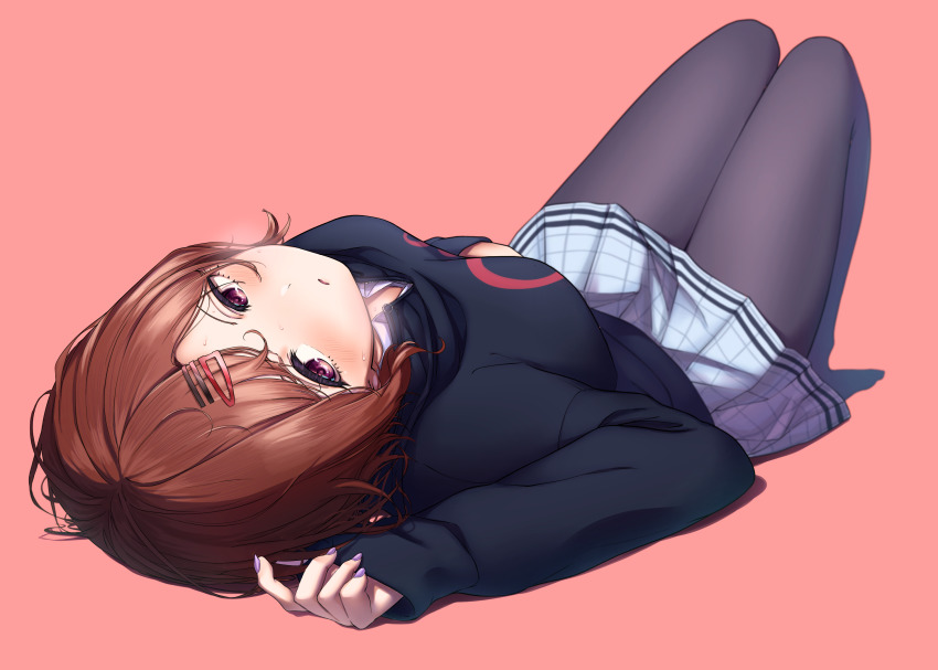 1girl, black_sweater, blush, breasts, brown_hair, from_behind, full_body, grey_skirt