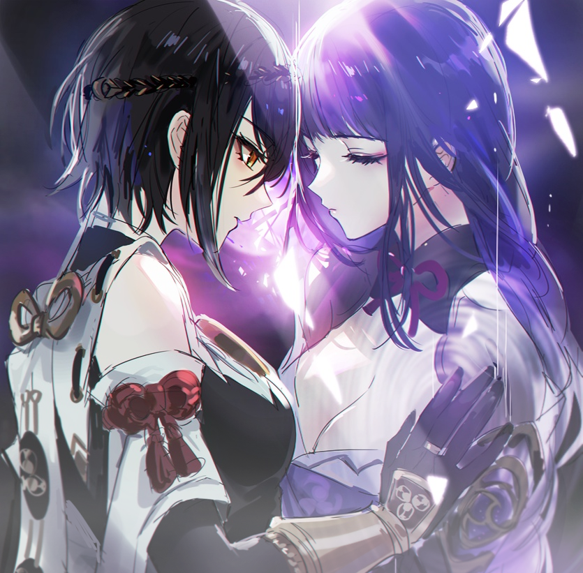 2girls, armor, bare_shoulders, black_hair, braid, breasts, cleavage, closed_mouth